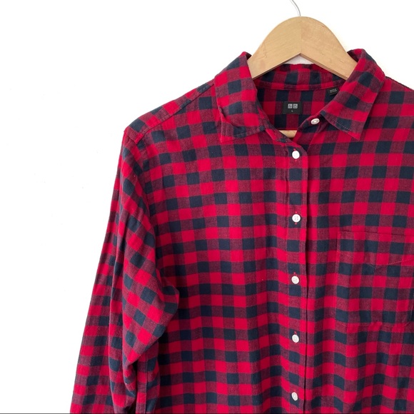 Red and Navy Uniqlo Long Sleeve Flannel - Picture 3 of 5